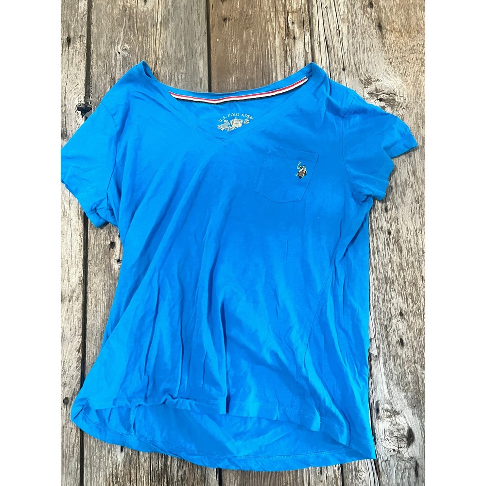 US Polo Assn Womens Blue V-Neck Pocket‎ T-Shirt Embroidered Logo Size Large